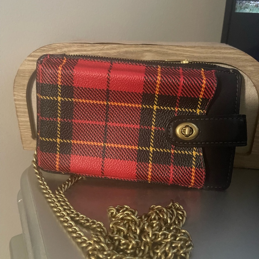 Coach Red and Black Plaid Phone Wallet